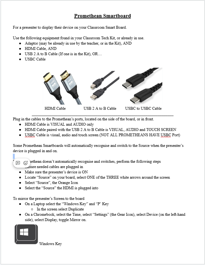 A digital document titled "Promethean Smartboard" outlines instructions for displaying devices on a classroom smartboard, including cable types.